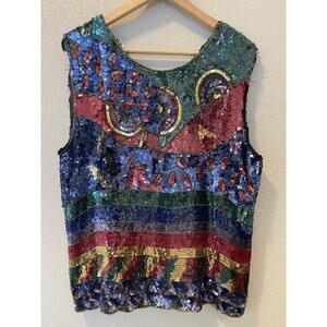 Vintage Joseph Le Bon Silk Top Colorful Fully Sequined Sleeveless Size XL INDIA